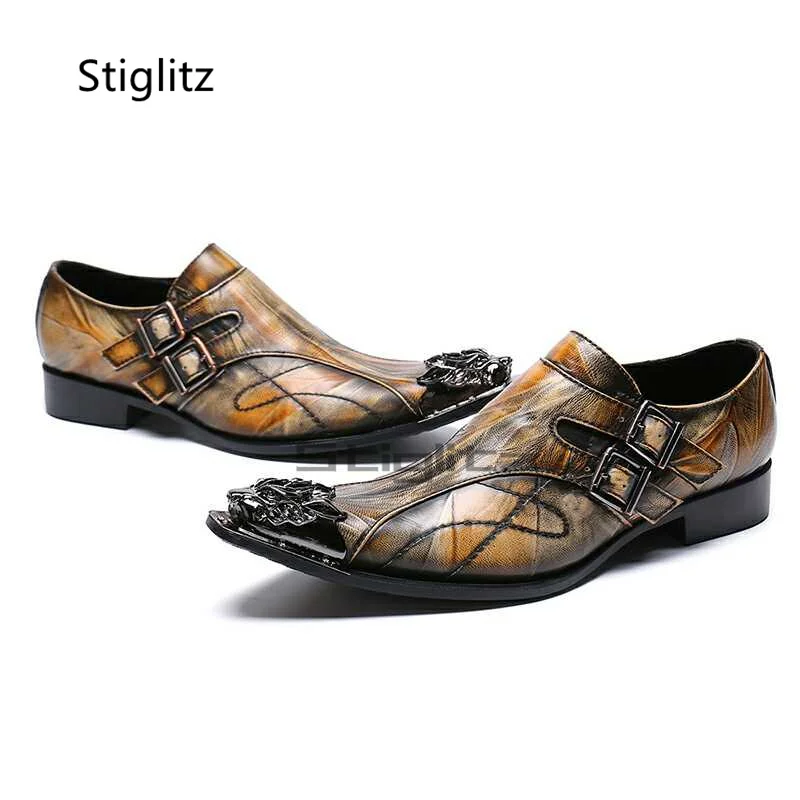 

Retro Metal Pointed Toe Genuine Leather Men's Shoes Double Buckle Luxury Brown Loafers Wedding Banquet Party Social Dress Shoes