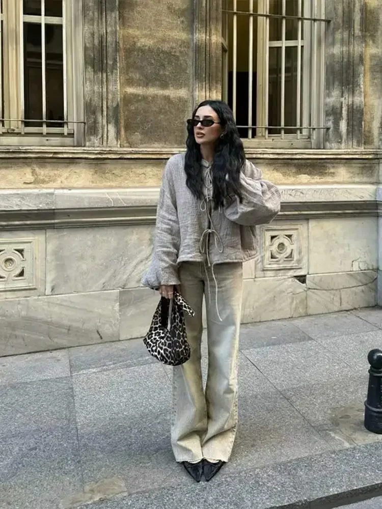 Abrigo de lino y algodón con cordones para mujer, abrigo holgado de manga acampanada con cuello redondo, ropa de calle informal para viaje, Primavera