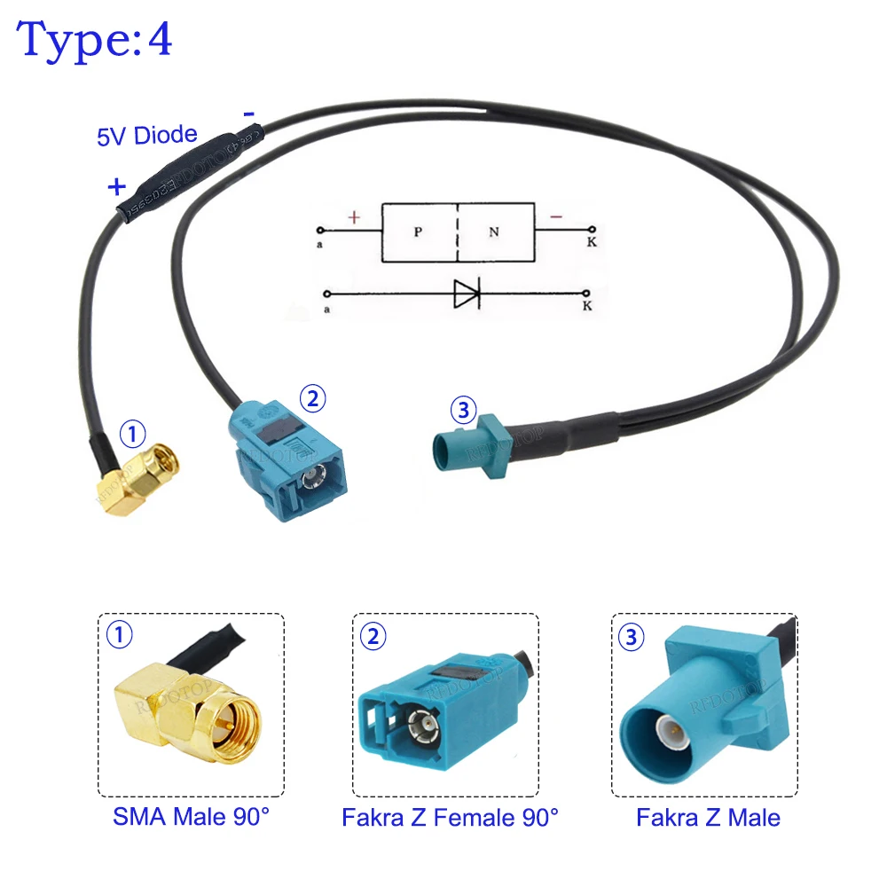 RG-174 Fakra Z to SMA Male 1 to 2 Y Type Splitter Cable With Diode RG174 Pigtail Car Navigation GPS Antenna Extension Cable