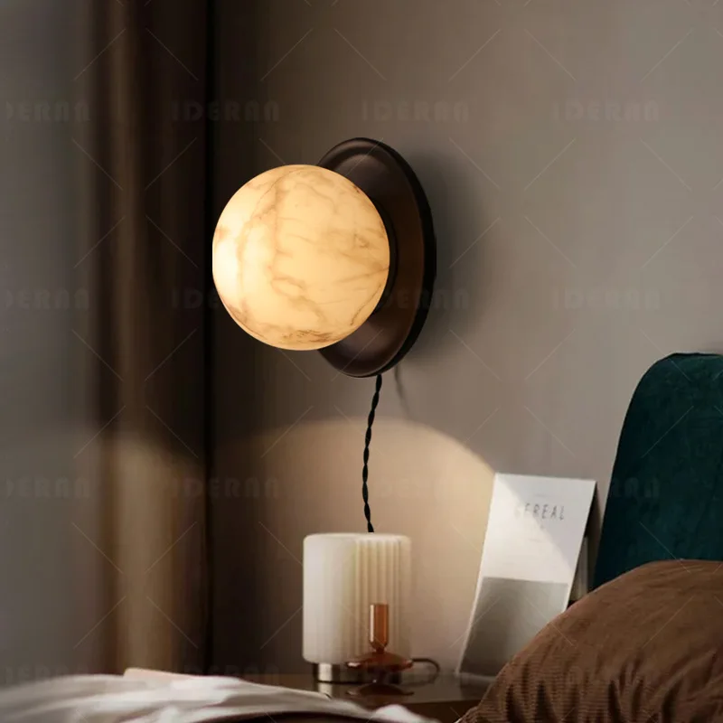 New Chinese Song Dynasty aesthetic wall lamp imitation marble glass designer bedroom wiring-free plug-in atmosphere bedside lamp