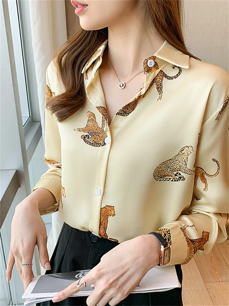 #3159 Yellow Green Satin Shirt Loose Fit Long Sleeve Shirt Women Elegant Office Vintage Womens Tops And Blouses Spring Autumn