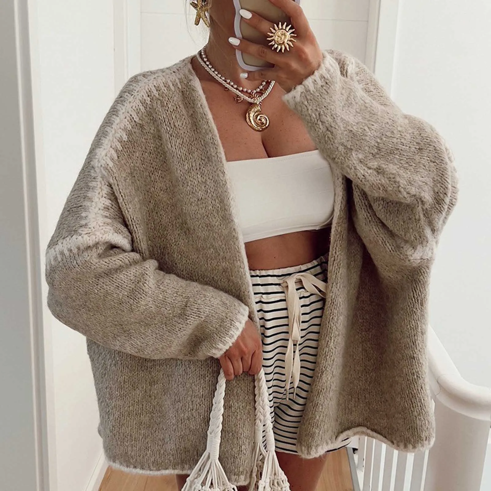 

Fashion Autumn Winter New Coarse Needle Sweater Coat Imitation Woolen Cardigan Sweaters Women Open Front Loose Fit Cardigan