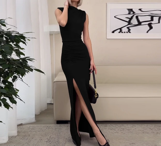 

Women's Fashionable Dress Sexy Slim Fit Hip Hugging Dress Half High Collar Sleeveless Waist Cinched Pleated Slit Long Dress