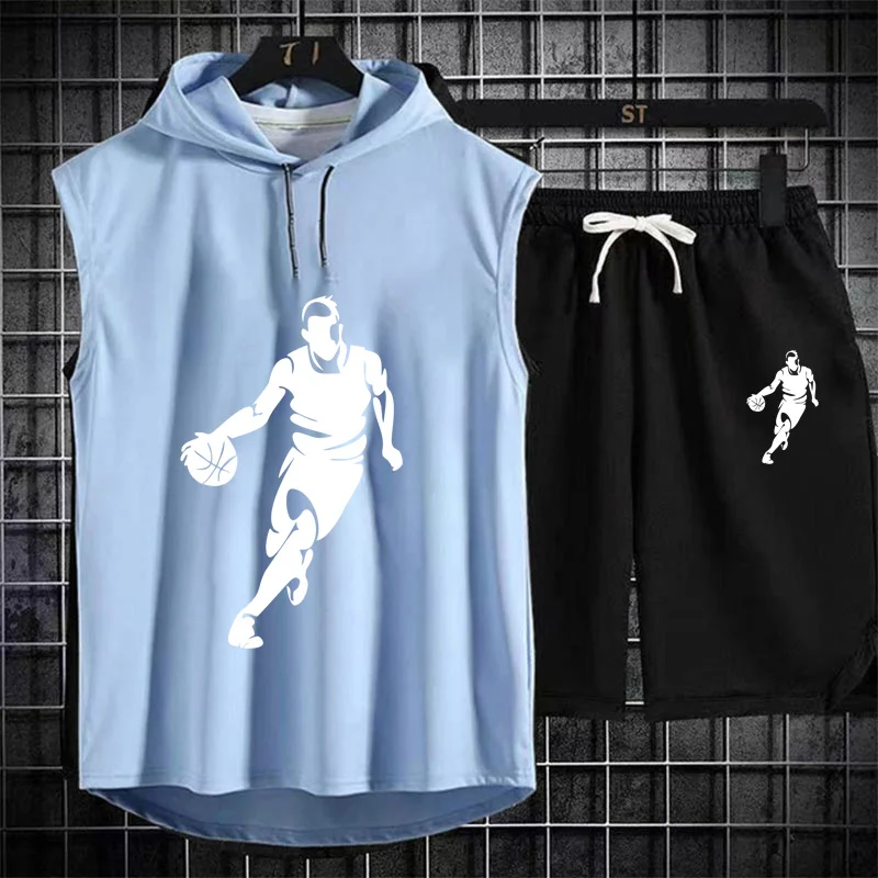 2024 Summer Men\'s Two Piece Set CasualT-Shirt and Shorts Set Mens Sports Suit Fashion Short Sleeve Tracksuit Hooded T-shirt