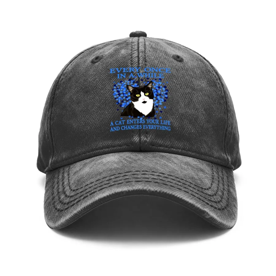 1 Vintage Washed Unisex Baseball Cap with Black and White Cat Pattern, Sometimes a Cat Will Enter Your Life and Change Everything, Adjustable, Suitable for Outdoor Activities and Casual Wear, Gift for Boyfriend or Girlfriend