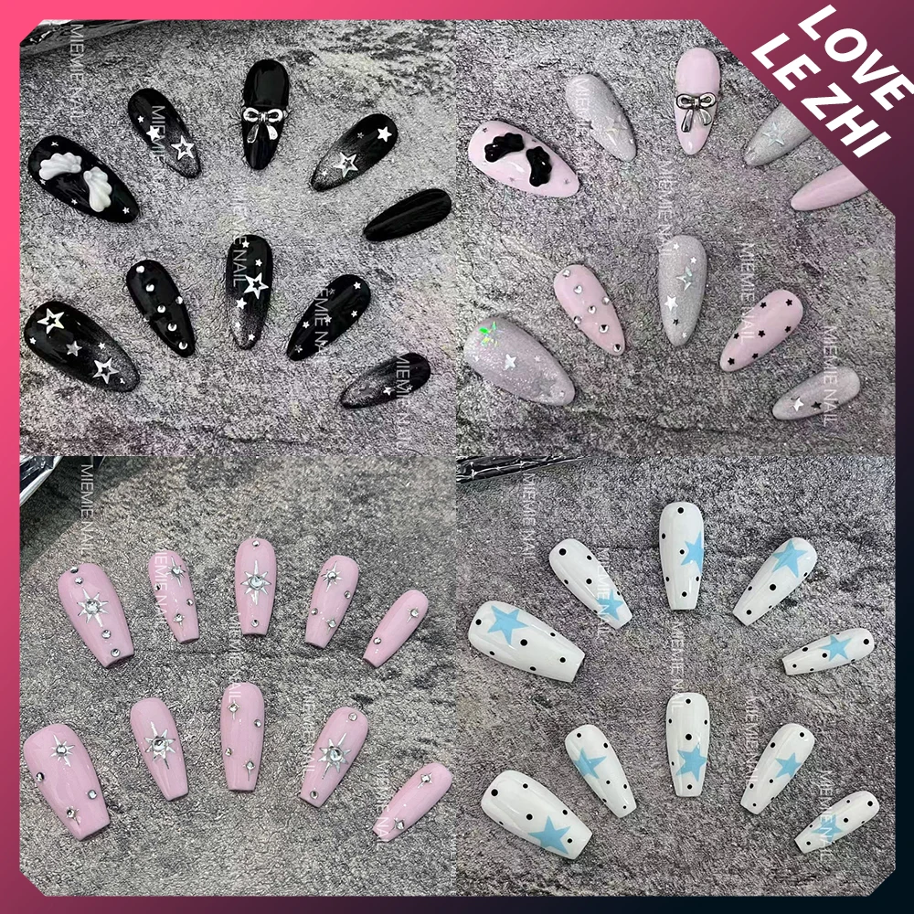 

10Pcs Sweet Cool Handmade Coffin Almond Press On Nails Shining Star Diamond Bowknot Wings Spider Cat Eyes Detachable False Nails