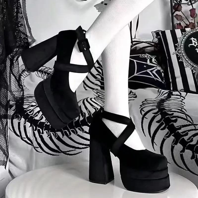 Wodoodporne platformy na wysokim obcasie z krzyżowymi paskami, buty Mary Jane na grubej podeszwie, różowe buty ślubne w stylu Lolita