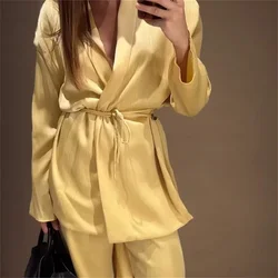 2024 Autumn European And American Style Women's Clothing New Fashion Solid Color Long Sleeved Pleated Kimono Top Long Pants Set