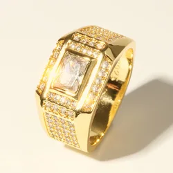 Vintage 925 Sterling Silver Bling Crystal Filled Gold Color Signets Rings for Men Fashion Jewelry Gift Wedding Ring Size 7-12