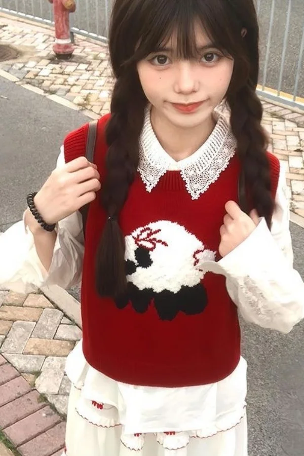 

Gagaok Sweet Sheep Cartoon Jacquard Sweater Vest Simple Red Autumn Knitted Sweater New Vintage Clothes Sleeveless Tops Casual