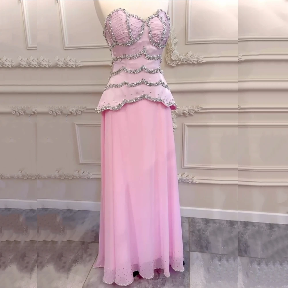

Customized Formal Evening Rhinestone Pleat Sweetheart Neck A-line Pink Long Dresses Bespoke Occasion Elegant Party