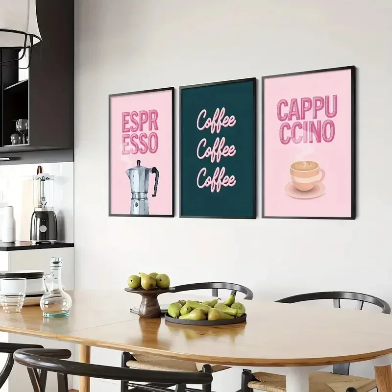 3PCS frameless Large-sized    /Set Food Beverages Retro Kitchen Posters Coffee Shop Signs Pink Canvas Paintings, Printing, Simp