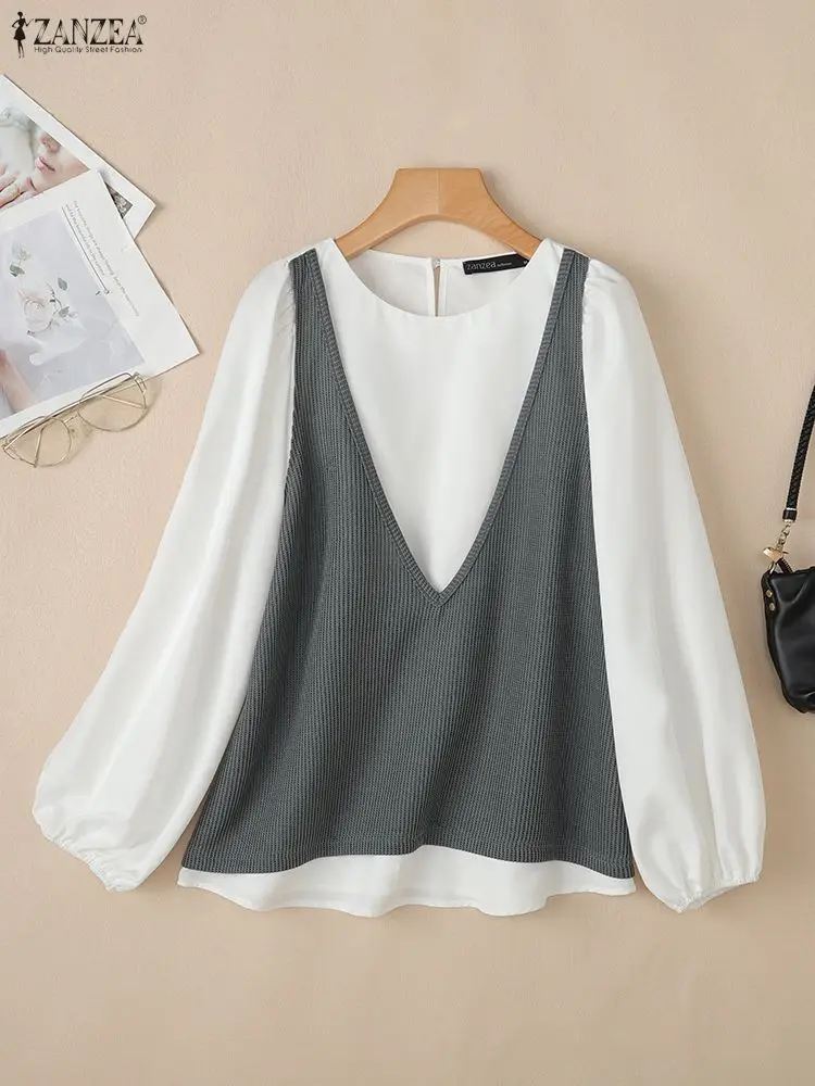 ZANZEA otoño tejido Patchwork blusa 2025 mujeres Blusas de manga larga femeninas Casual Tops elegante Oficina señora moda camisas