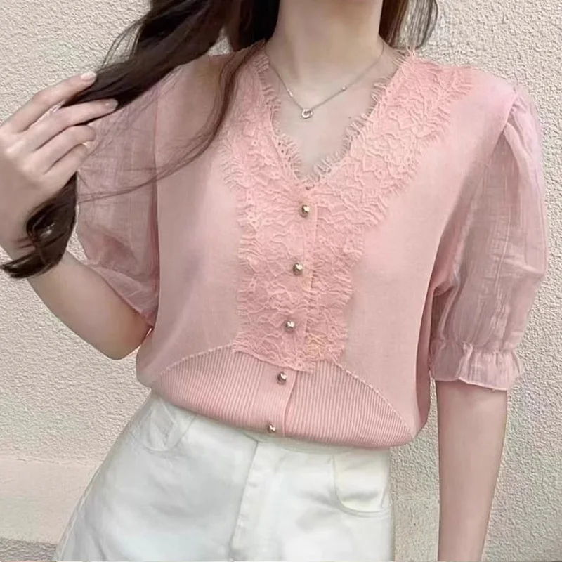 Comfortable Solid Color Short Sleeve Tops 2024 New Fashion Patchwork Lace Shirts Ladies Korean Interior Lapping Net Yarn Blouses