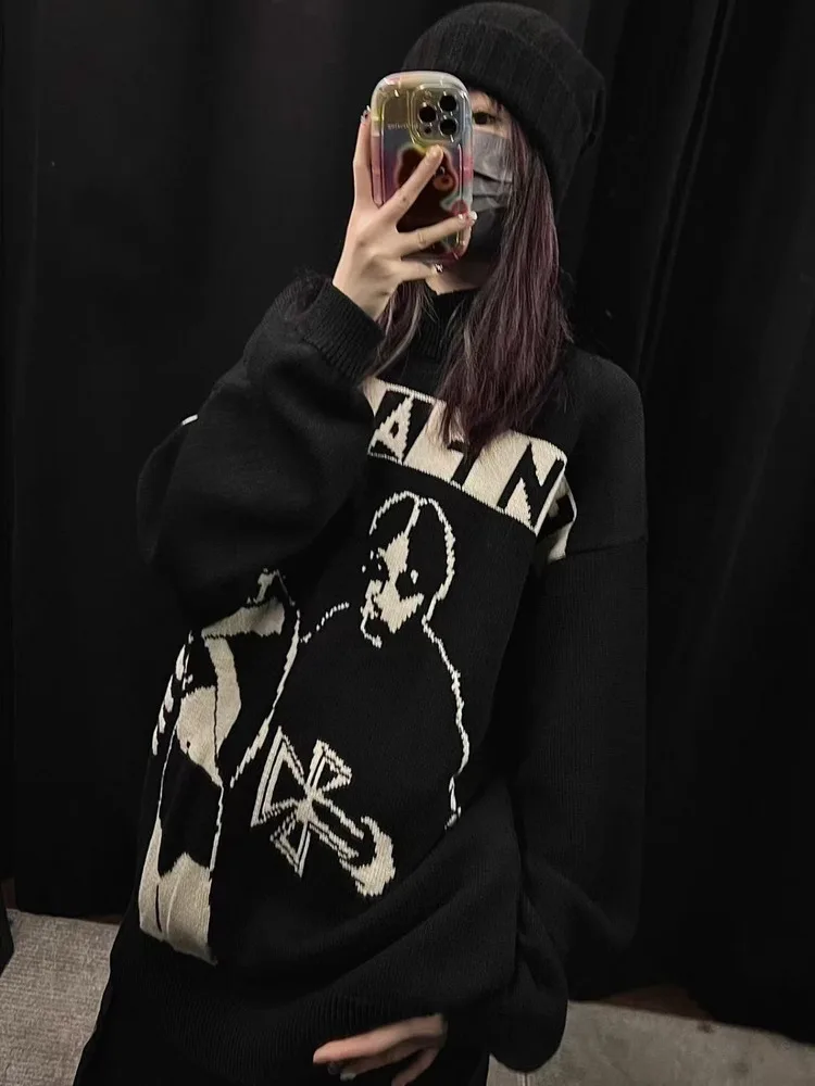 

Мужской вязаный свитер в стиле ретро с портретным принтом, свободного кроя, повседневный, с длинным рукавом, круглым вырезом, теплый, хлопковый топ