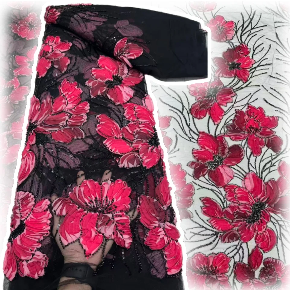 

Красная высококачественная африканская нигерийская элегантная 3D вышитая ткань, французская тюлевая кружевная ткань с блестками для свадебной вечеринки AH1489