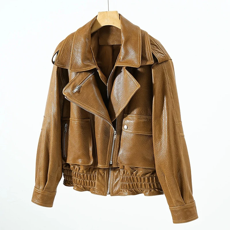Leather Coat Autumn Winter Women Vintage Fashion Double Collar Lychee Pattern Sheepskin Bubble Leather Zipper Motorcycle Jacket