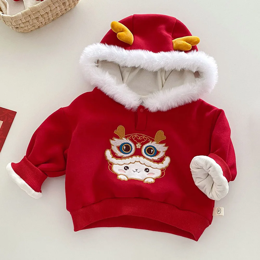 Girls Sweatshirts Fleece Thicken Warm Winter Kids Christmas Clothes Chinese Style New Year Toddler Boy Long Sleeve Tops Hoodies