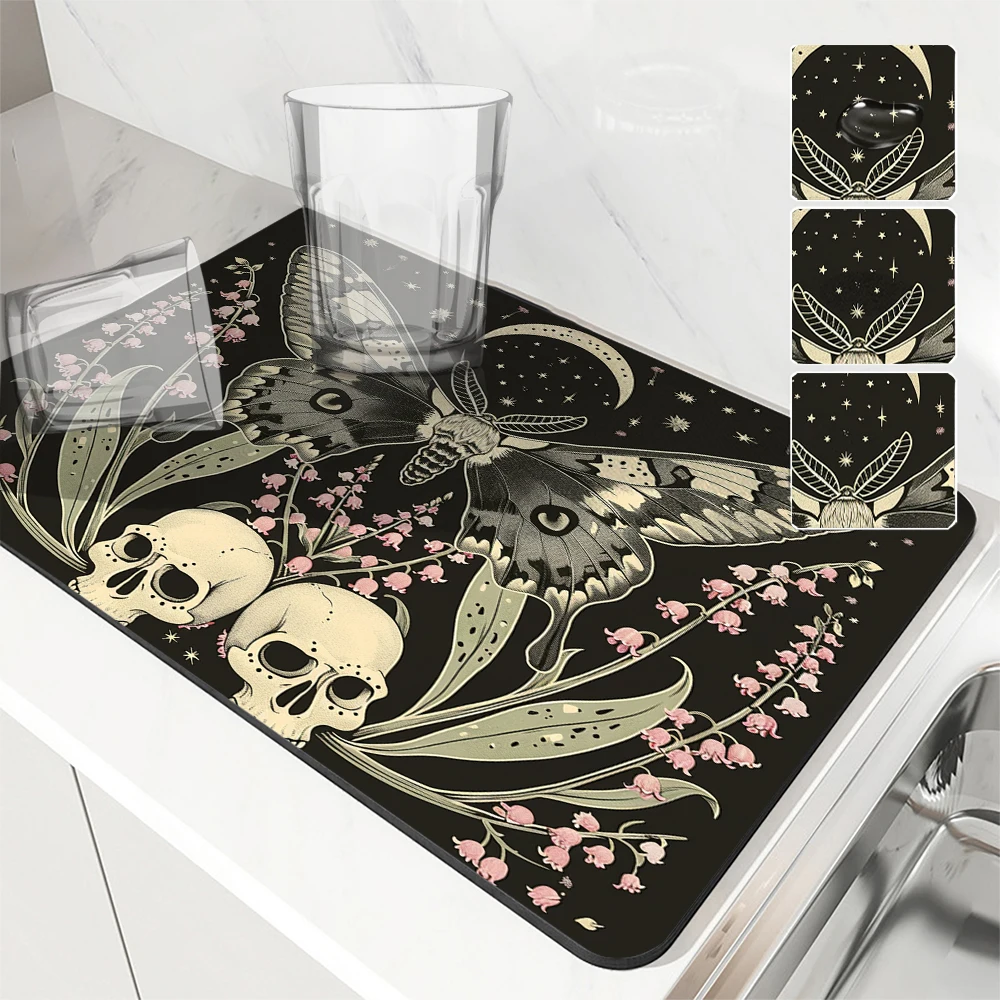 Absorbent Mat Moths Plant Flowers Gothic Kitchen Antiskid Drying Mat Quick Dry Bathroom Drain Pad Tableware Mat