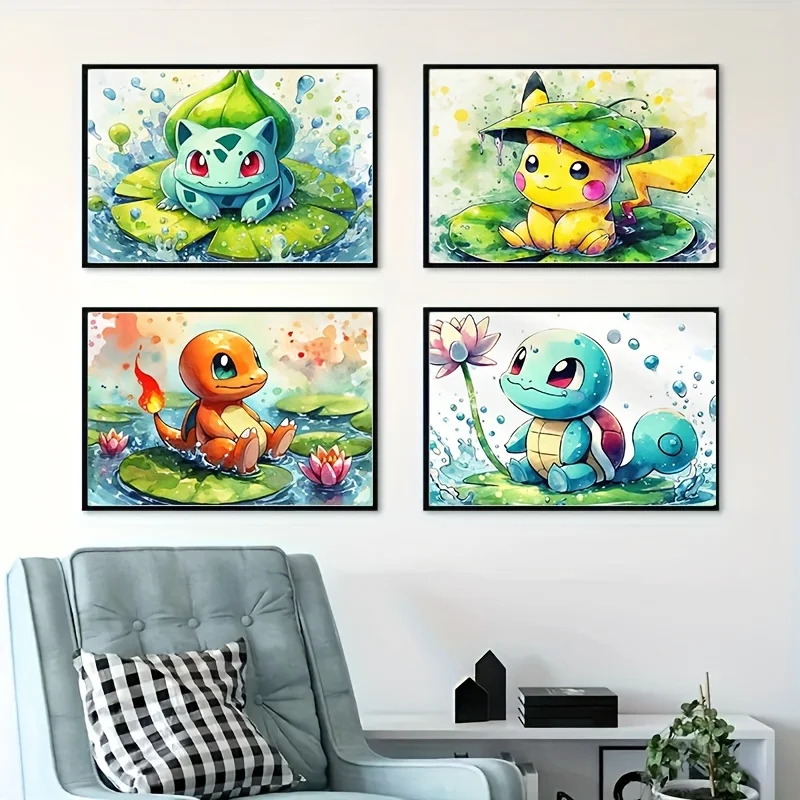 

4Pcs Pokemon Poster Pikachu Squirtle Charmander Bulbasaur Canvas Painting Anime Wall Art Bedroom Living Room Decor Unframed