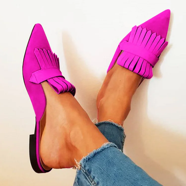 

Suede Fringe Shoes Pointed Toe Flat Mules For Women 2024 Summer Slides Slippers