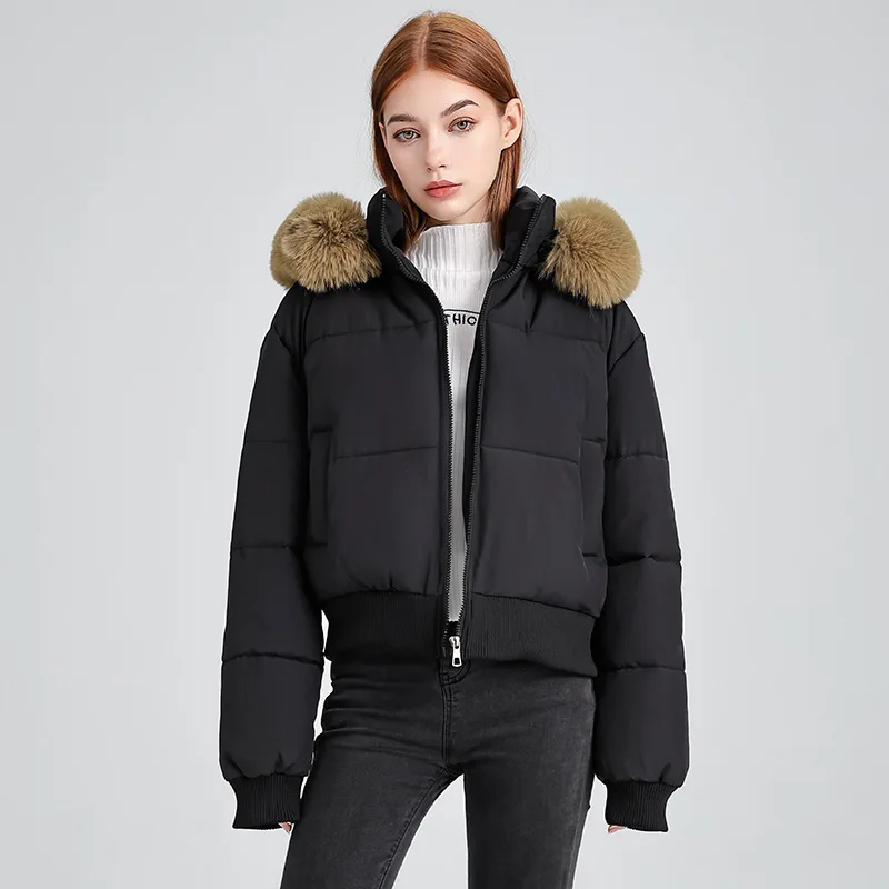 

PinkyIsBlack New Warm Autumn and Winter High Waist Big Fur Short Hooded Women's Cotton Padded Jacket Coat Basic Zipper Parkas