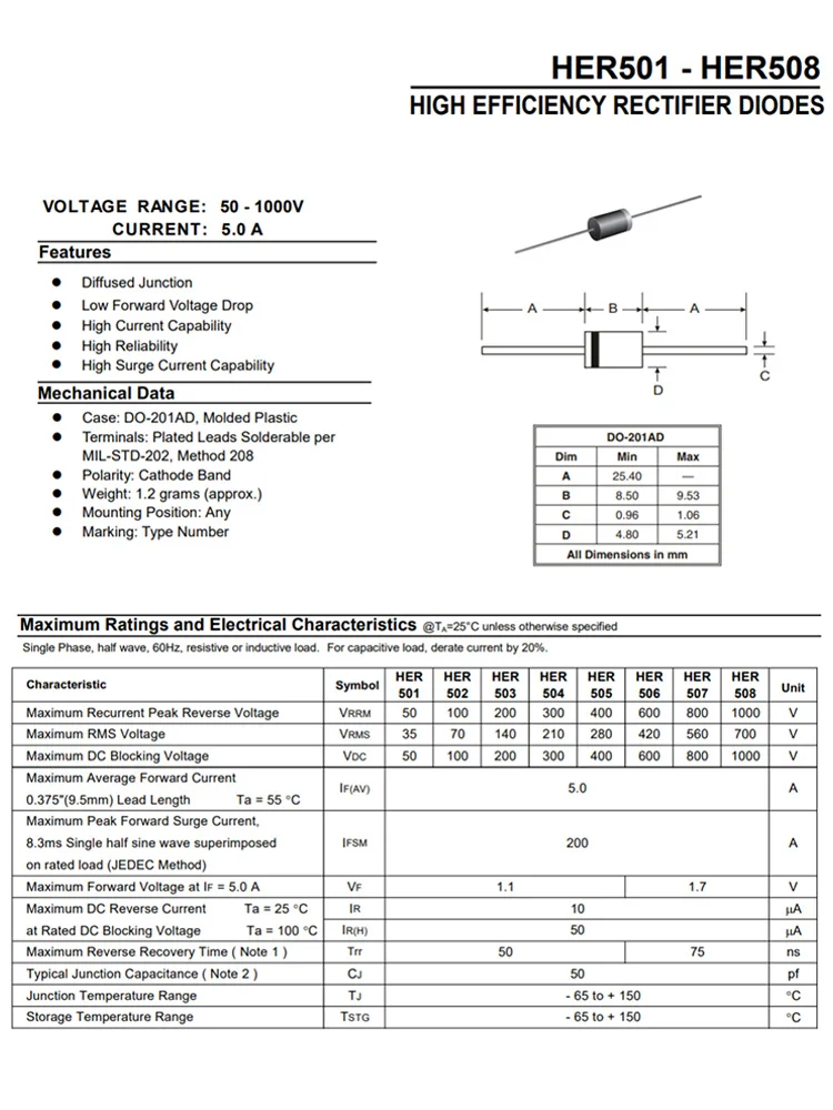 HER302/303/304/305/306/307/308 HER503/504/505/506/507/508 Direct insertion fast recovery rectifier diode DO-27 20PCS