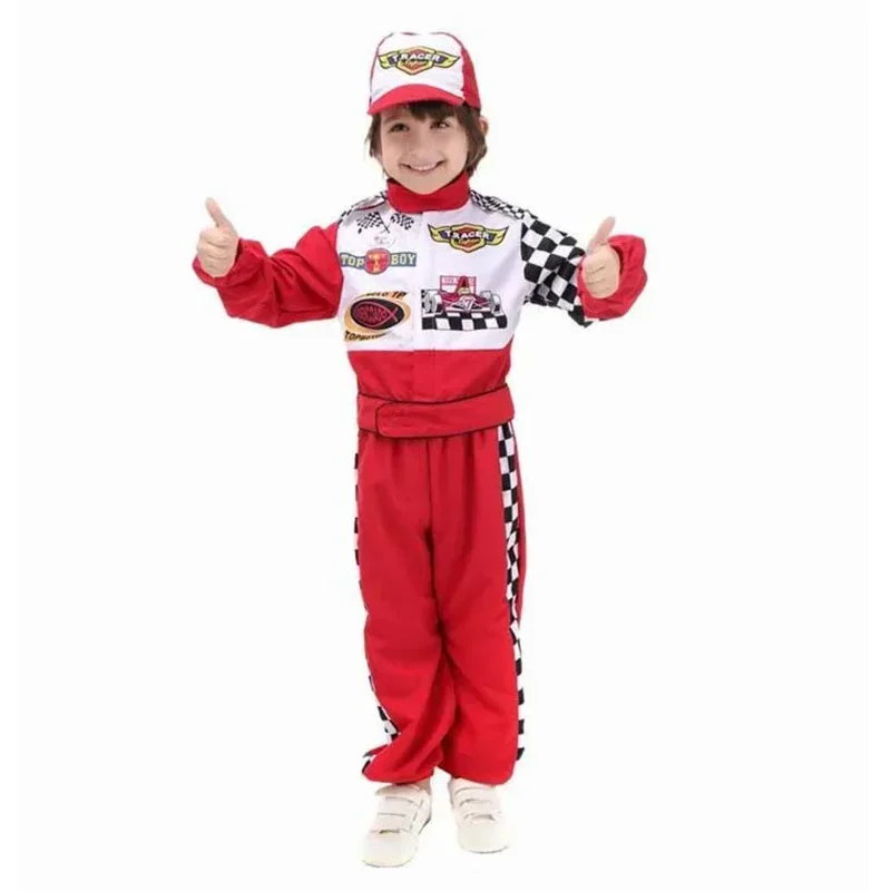 Kids Boys Halloween Racer Cosplay Red Race Car Driver Uniform Children`s Racing Driver Costume Fancy Dress Masquerade Costume