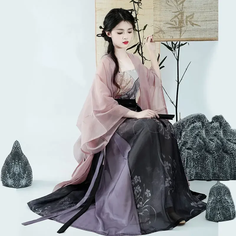 Gaun Hanfu motif ungu dinasti, jubah rok selempang 3 potong musim panas gaya Cina, kostum Cosplay putri Modern Hanfu