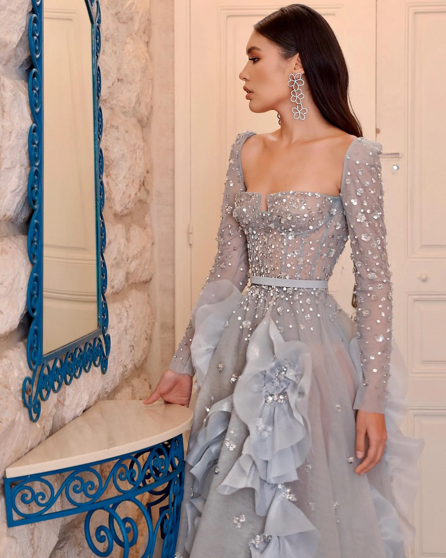 2096 New Arrival Grey Long Sleeves beaded Organza vestidos de noche vestidos de galaevening dresses فستان العيد