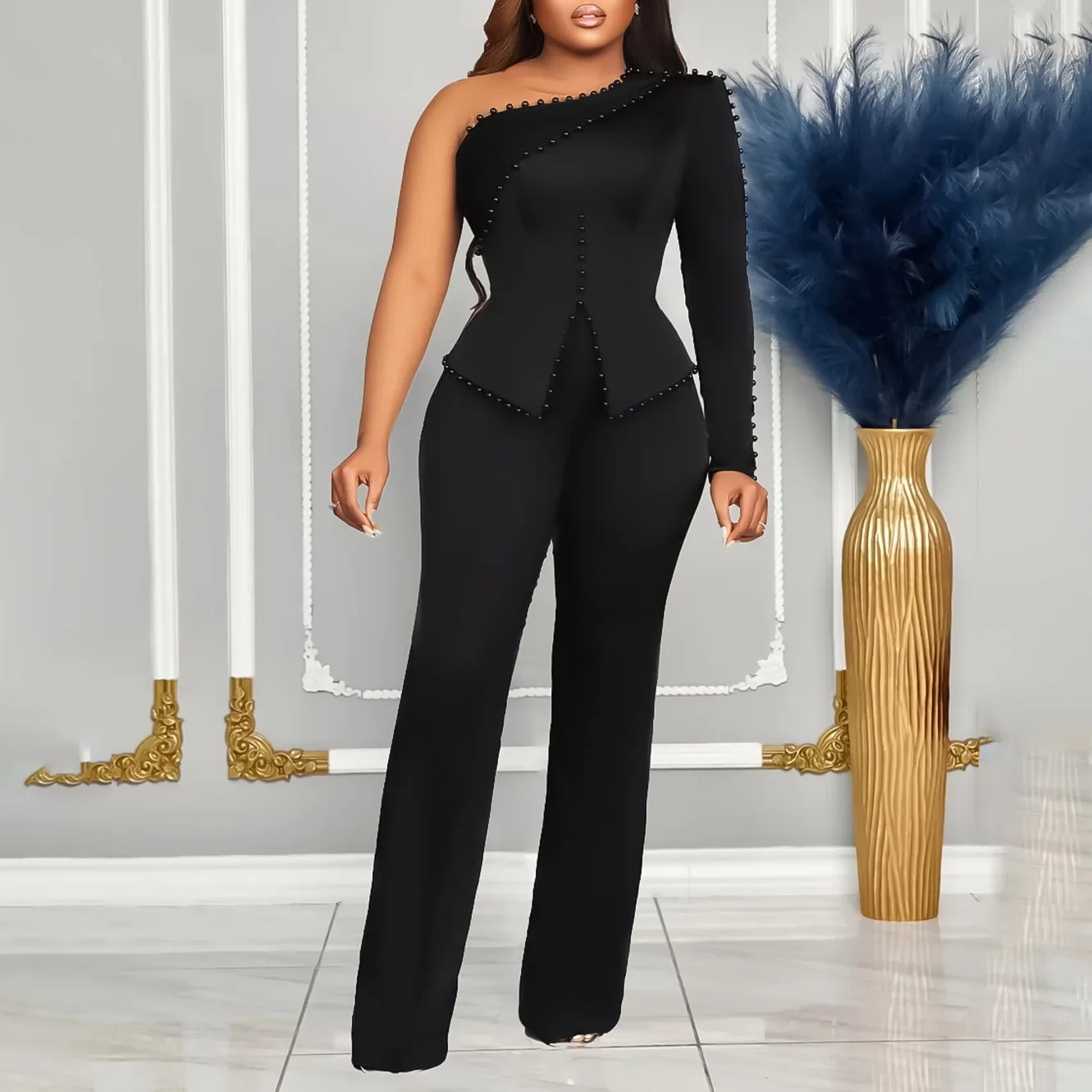 

Temperament Commuting Two Piece Outfits Elegant Women Fashion Luxury One Shoulder Beading Top and High Waist Straight Pant Set