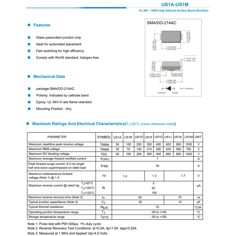 US1J SMA UJ DO-214AC 1A 600V U1J 50PCS ESD TVS Fast Recovery Diode