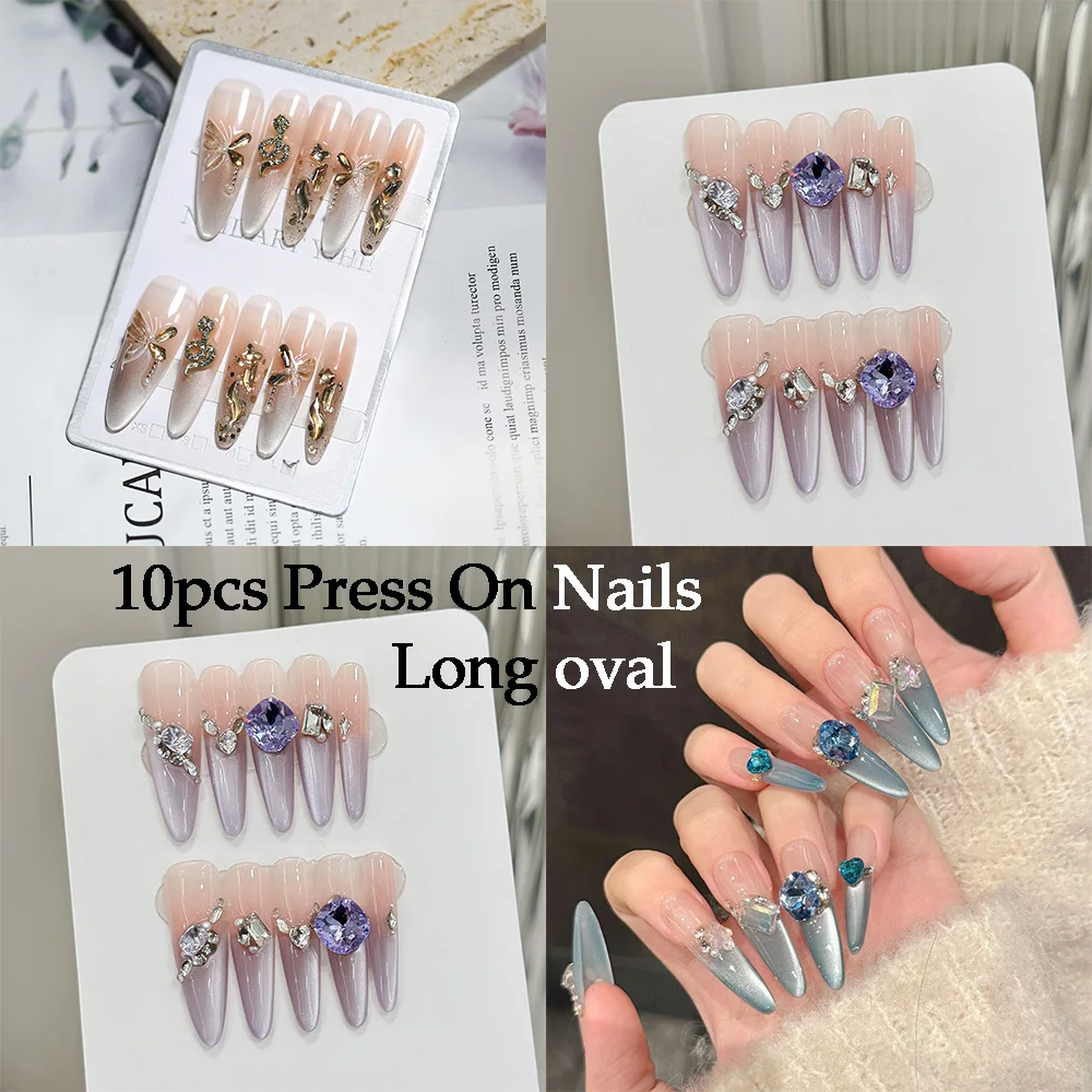 10pcs Handmade Full-coverage False Nails Carved Butterfly 3D Design Press On Nails Blue Purple Rhinestone Manicure Nail Tips Art