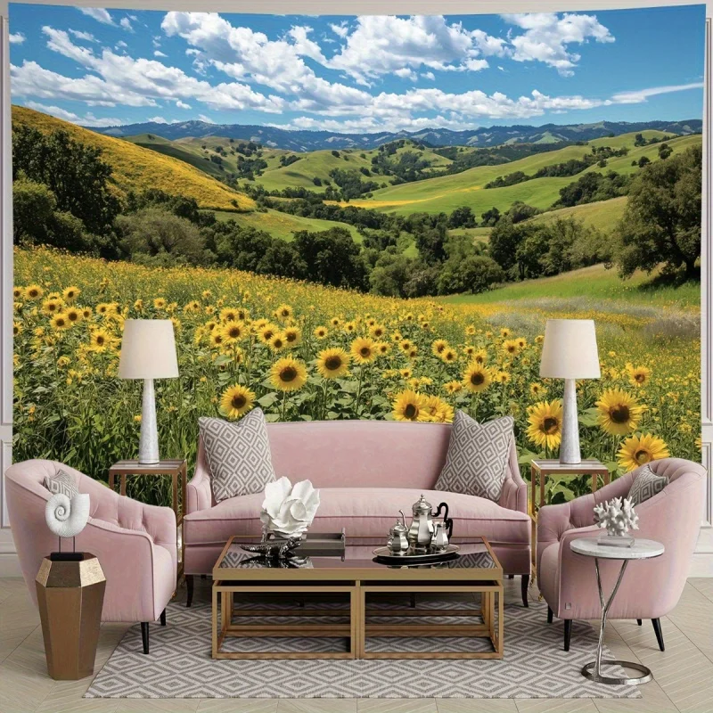 Spanish style sunflower field landscape tapestry, rural floral landscape, polyester wall mounted background decoration