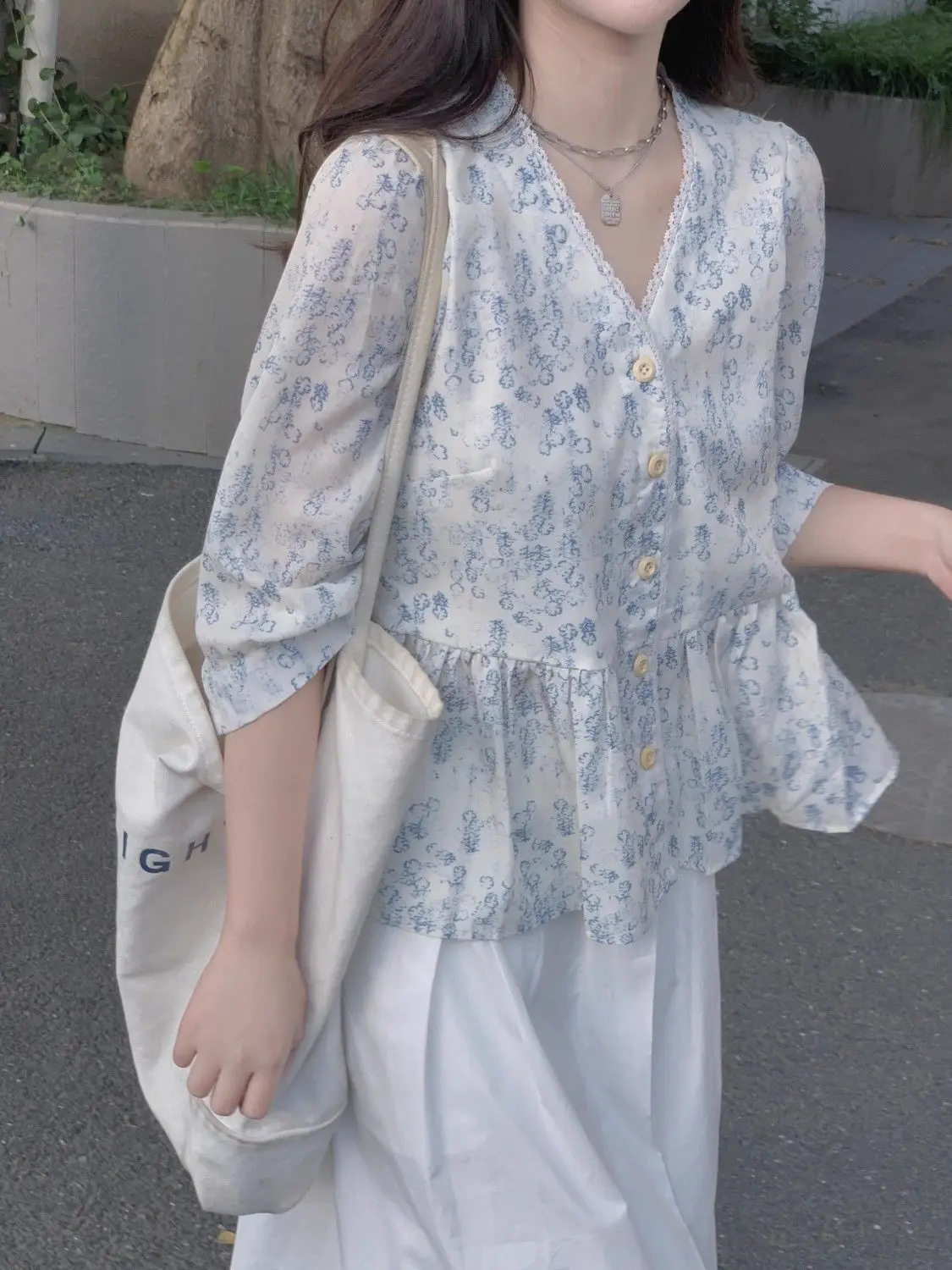 

Korejpaa French Floral Printed Women Shirt Casual Seven-quarter-sleeved Chiffon Shirts 2025 Spring New Design Thin Top New