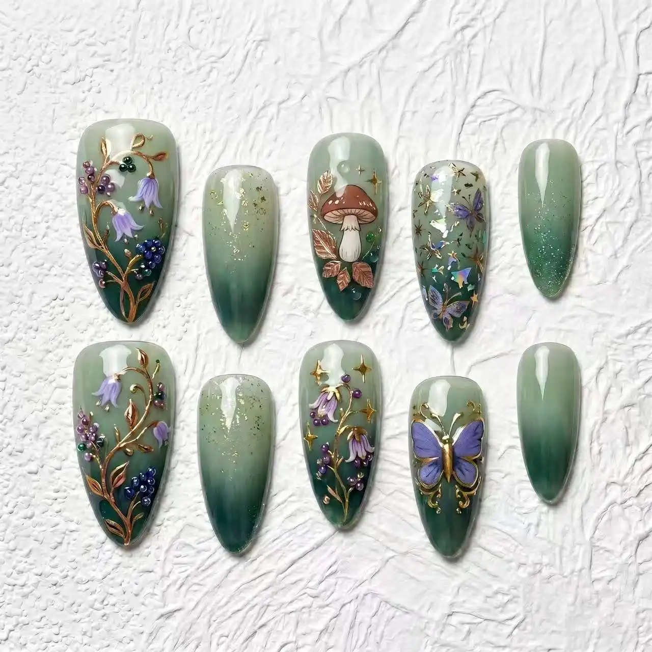Artisan Handcrafted 10PCS Romantic Dreamy Stiletto Press-On Nails | Green Gradient, Floral Mushrooms, Butterfly Rhinestones, Hol