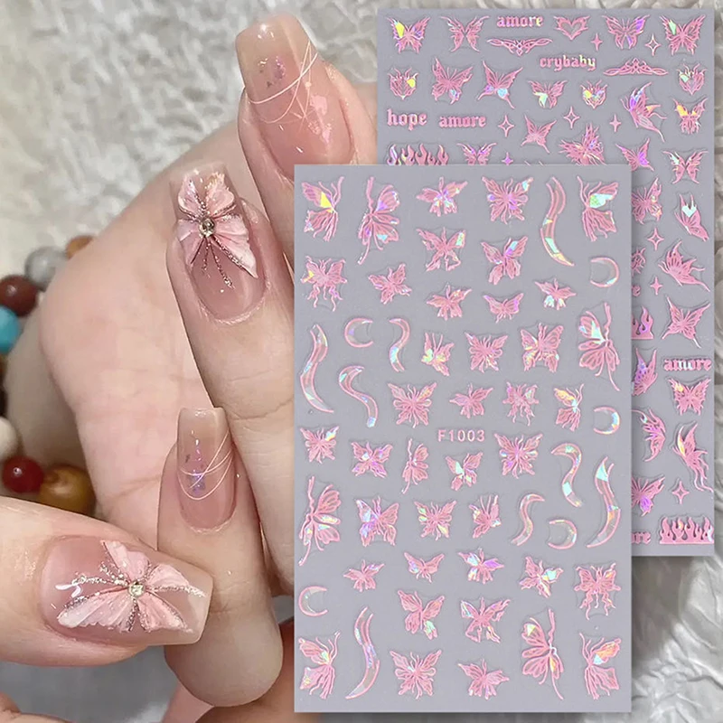 Cute Pink Sparkling Butterfly Nail Sticker Sweet Aurora Nail Styling Stereoscopic Relief For Girl Nail Decal Nail Art Salon