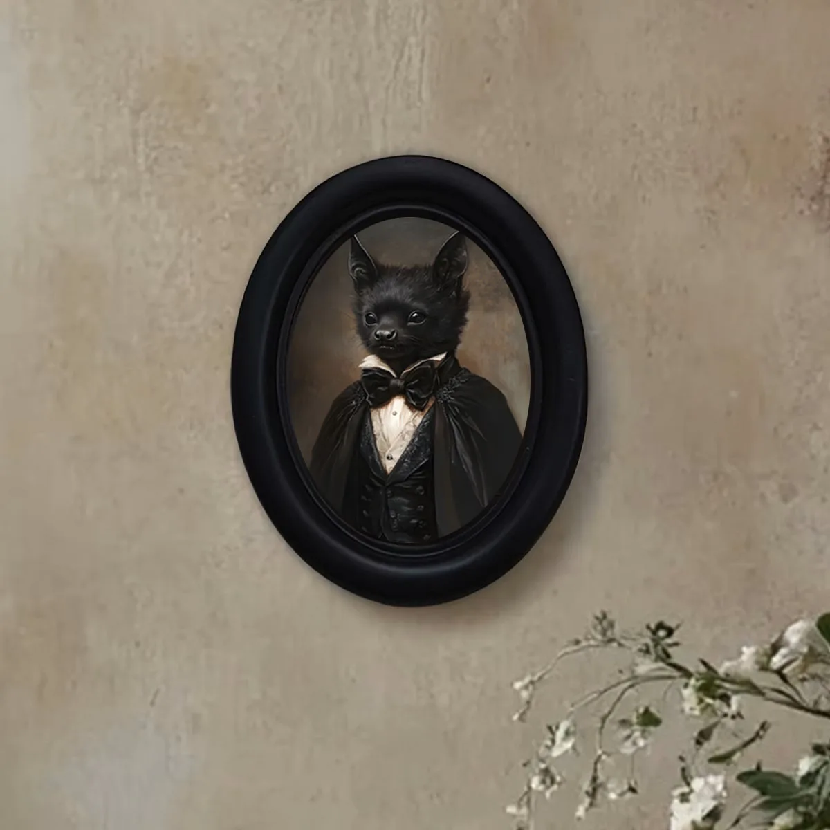 1 Piece of Vintage Victorian-Style Bat Gentleman Wall Decoration, Black Oval Frame Print, Gothic Bat Portrait in Formal Attire, Dark Academy Style Decoration, Exclusive Gift for Bat Enthusiasts