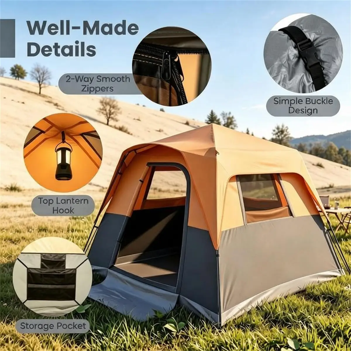 Orange Light-Blocking Outdoor Cabin Tent, Windproof Rainfly, Large 9x9ft Interior, with Carry Bag Ground Stakes Ropes, for Family Group Camping, 1 Piece