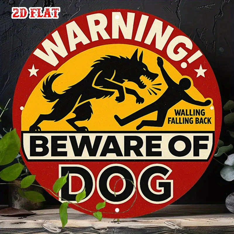 Funny Beware of Dog Round Metal Sign, Warning Yard & Home Security Wall Decor