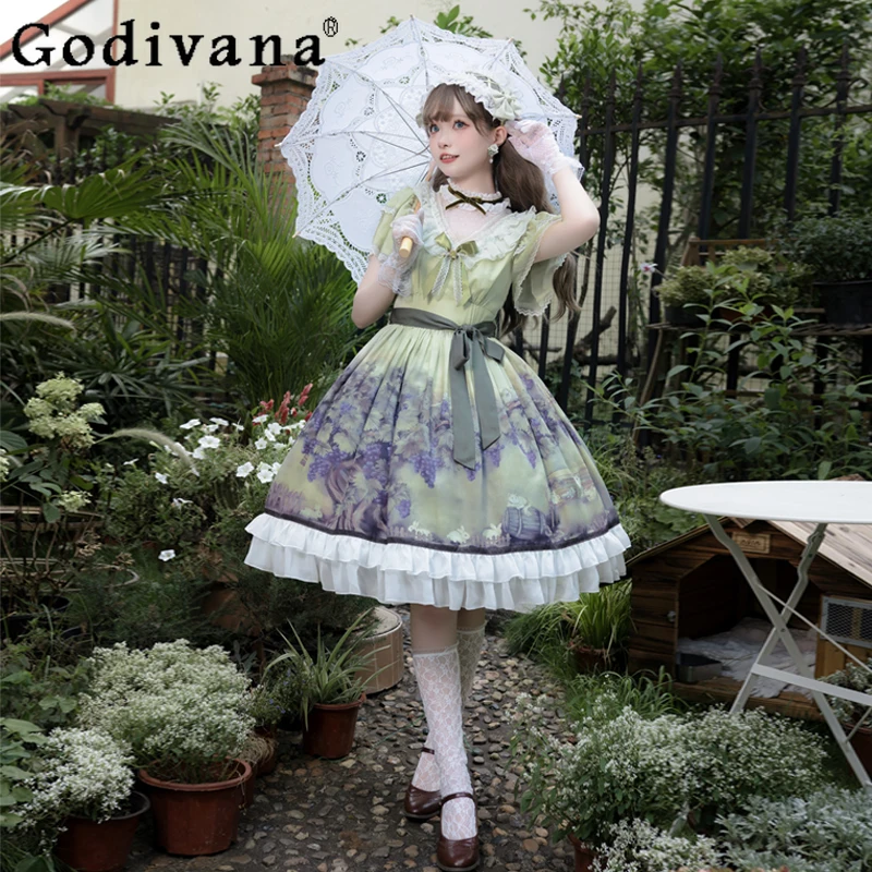 

Elegant Oil Painting Style Lace Dress Fir Girls Original Lolita Printed Waist Dress Women's Japanese Style Lolita Sweet Dress