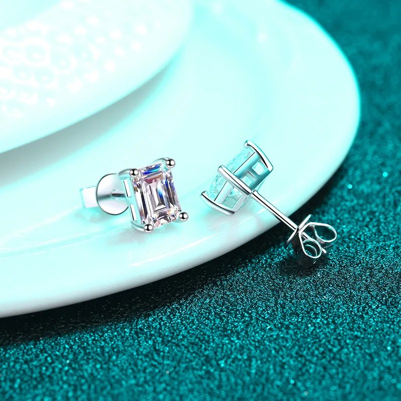 ZDD Fashion Emerald Cut Moissanite Stud Earrings For Women White Gold Lab Diamond Jewelry S925 Sterling Silver Wedding Earrings