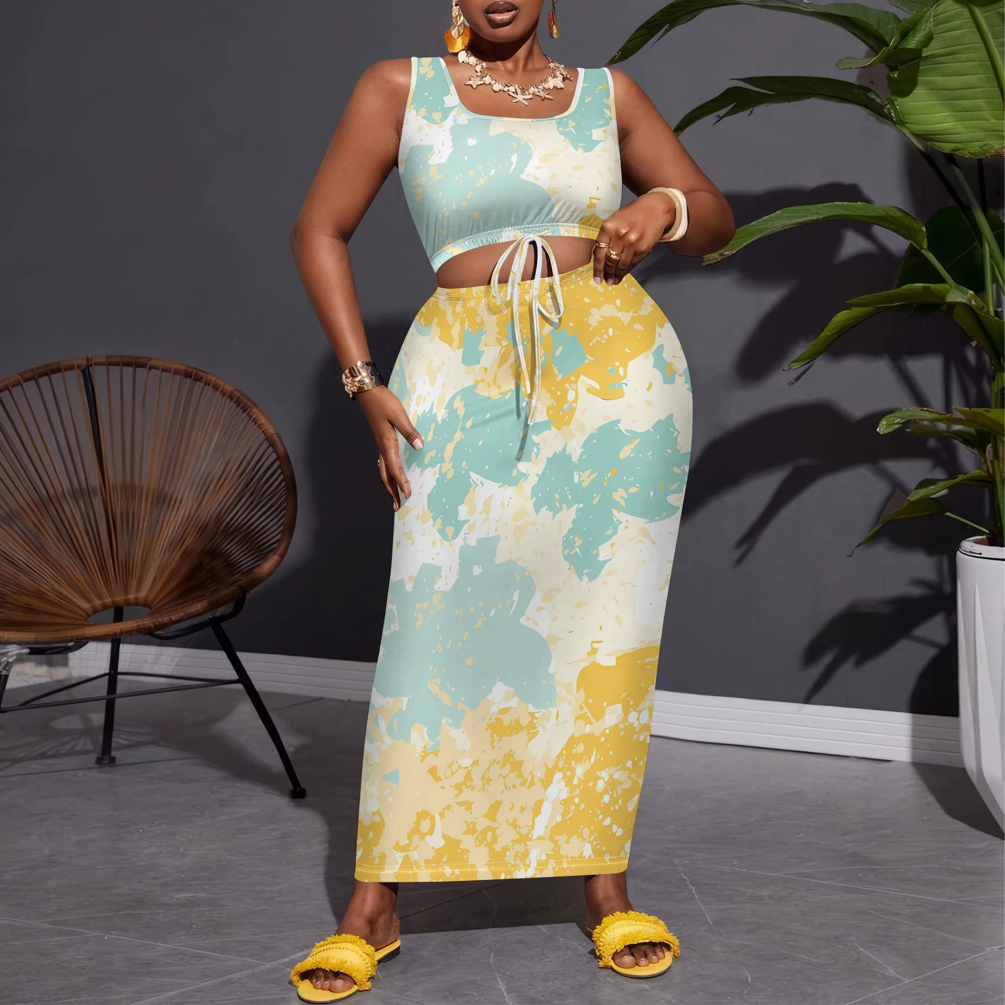 

Nupusa Splash Print Two - Piece Set for Women Plus Size Summer Casual Square Neck Sleeveless Outfit
