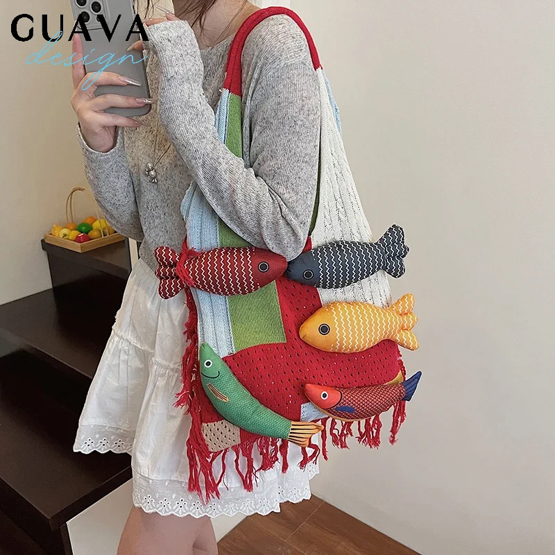 

Cute Little Fish Relaxed Knitted Bag Summer New Commuter Versatile Shoulder Bag Contrasting Cut Out Tote Bag