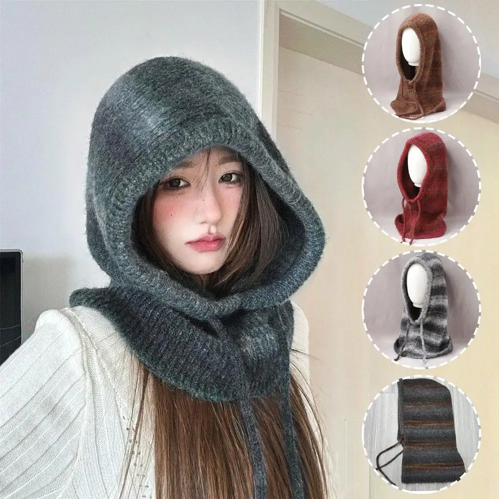 

Unisex Wool Knitted Balaclava Cap Striped Tie-dye Knit Hat Hooded Neck Warmer Beanies Ear Face Neck Protect One-Piece Scarf Hat
