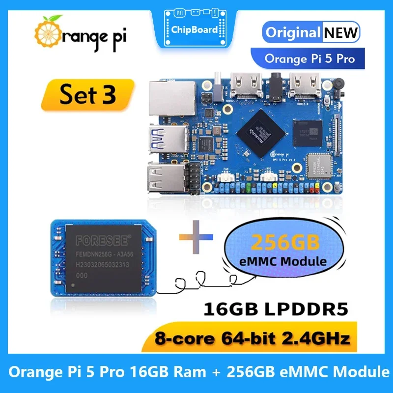 Orange Pi 5 Pro 16GB Ram + 256 GB eMMC Module Single Board Computer RK3588S LPDDR5 Wifi5.0-BT5 M2.0 Port Development Board