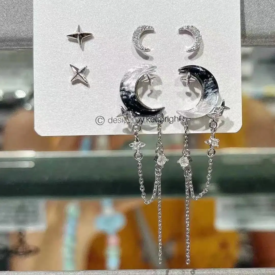 Stud Earrings Set Moon Four Star Elegant Lightweight Hypoallergenic Silver Jewelry for Women Daily Wear Versatile Gift