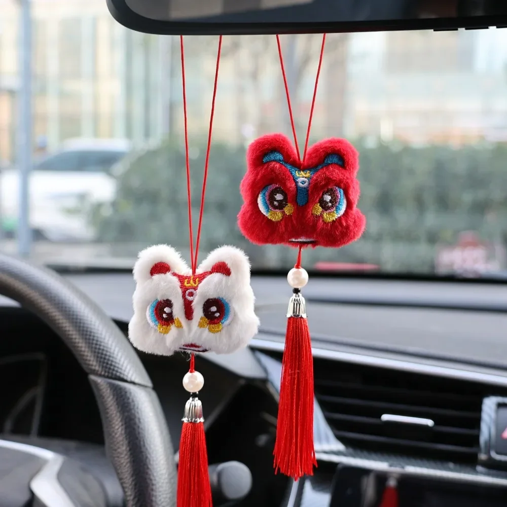 Dancing Lion Pendant Car Rearview Mirror Chinese Style Plush Lion Dance Tassel Pendant Zodiac Tiger Doll Car Interior Decoration