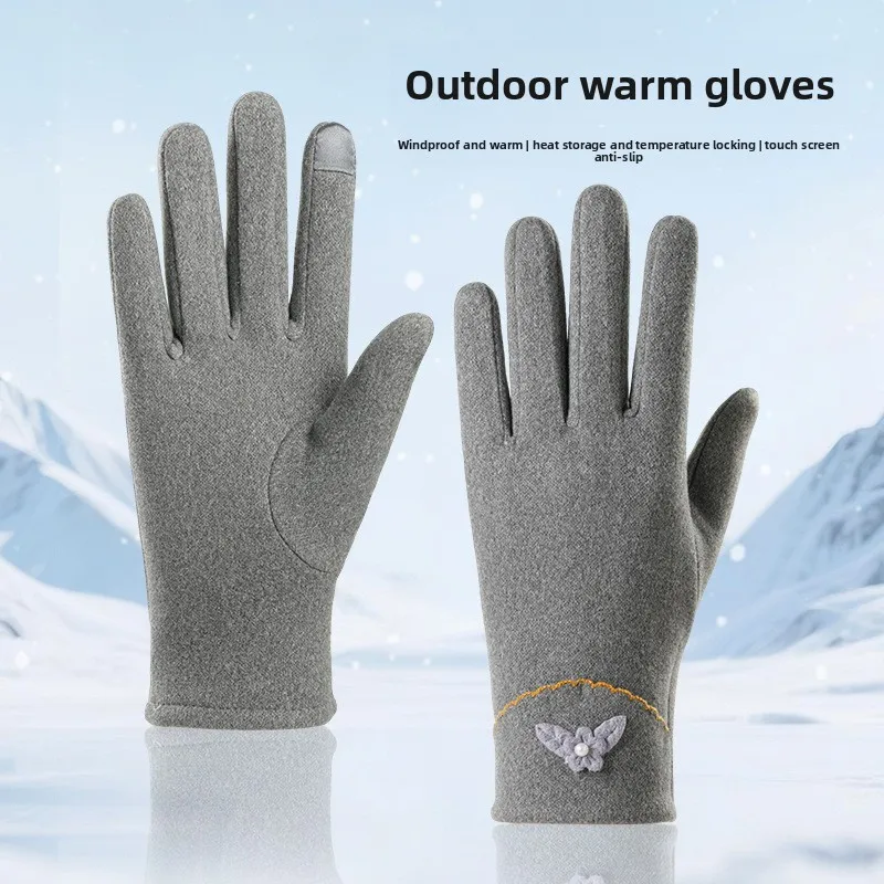 Womens Autumn Winter Warm Fleece Thickened Windproof Coldproof Touch Screen Gloves for Outdoor Sports Driving Tram Riding