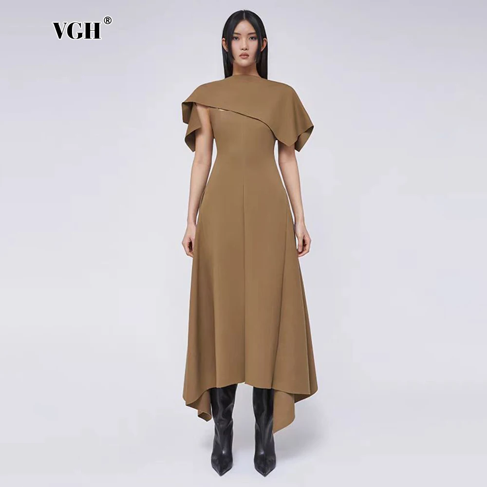 

VGH Elegant Colorblack Tunic Long Dresses For Women Round Neck Off The Shoulder High Waist Temperament Dress Female Fahsion New